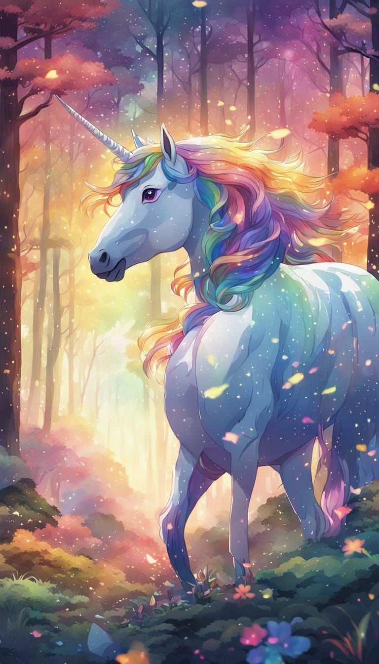 Rainbow Unicorn in Forest: Anime Watercolor Style