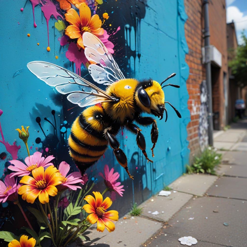 Vibrant Urban Bee in Banksy-Inspired Street Art