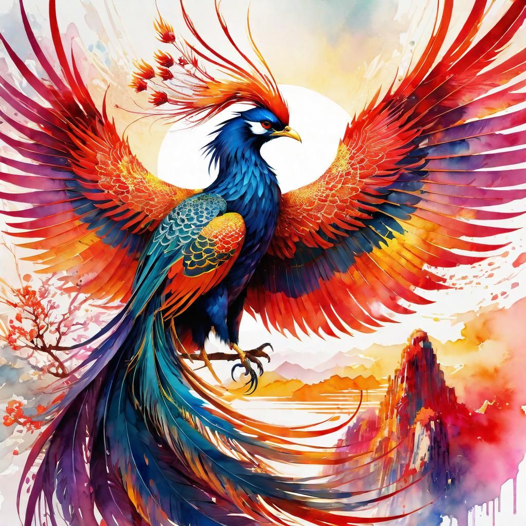 Majestic Chinese Phoenix in Watercolor Illustration