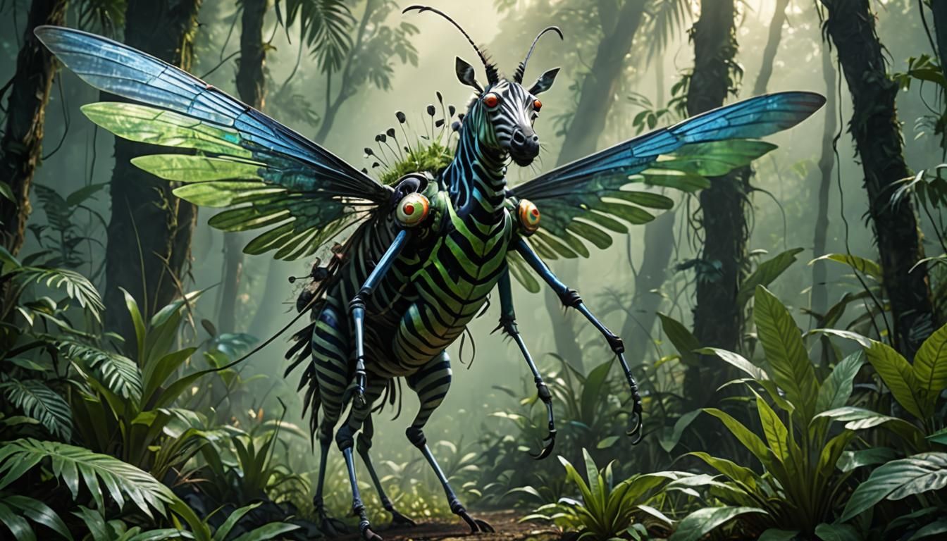 Hybrid Zebra Mosquito Creature in Jungle, Photorealistic