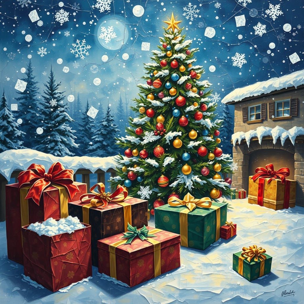 Vibrant Christmas Scene in Impasto Style