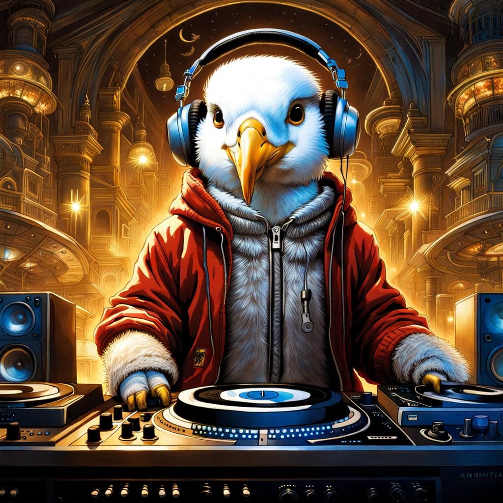 Seagull DJ in Lit Dance Room, Detailed Anthropomorphic Art