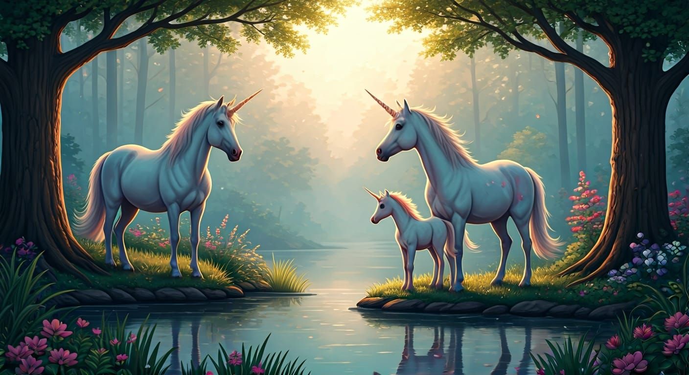 Unicorn Family in Misty Forest: Oil Painting
