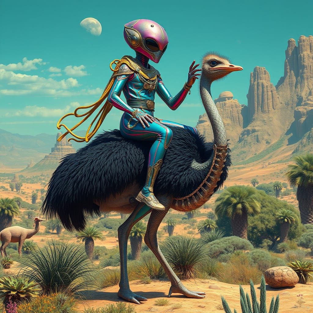 Alien Rides Ostrich in Surreal Biomechanical Landscape