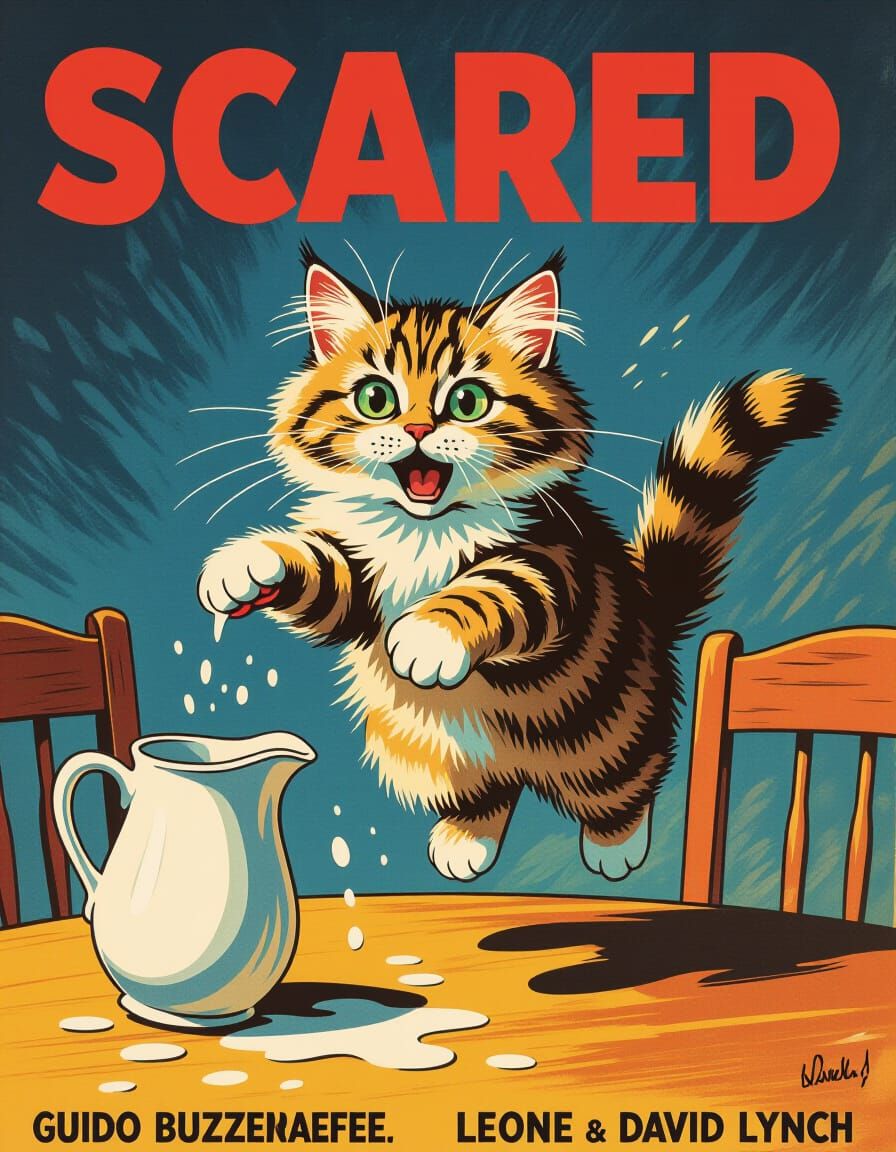 Scared Tabby Cat in Gouache Illustration Style
