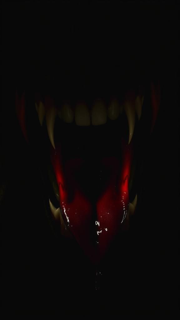 A photo realistic image of a vampire's mouth. The mouth is o...