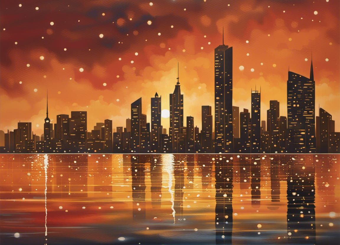 Hyperrealistic City Skyline Reflecting Golden Sunset