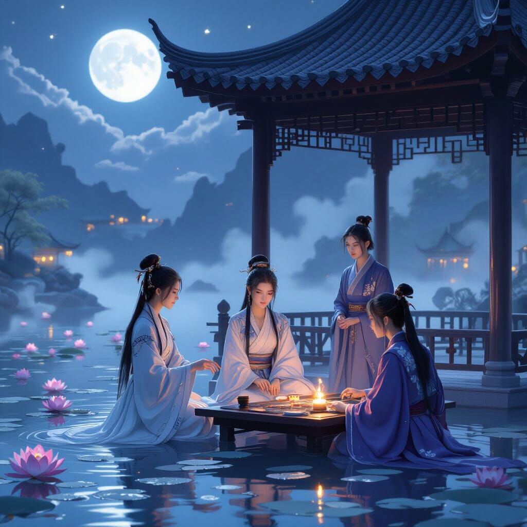 Lotus Pond Pavilion Under Moonlight: Ethereal Art