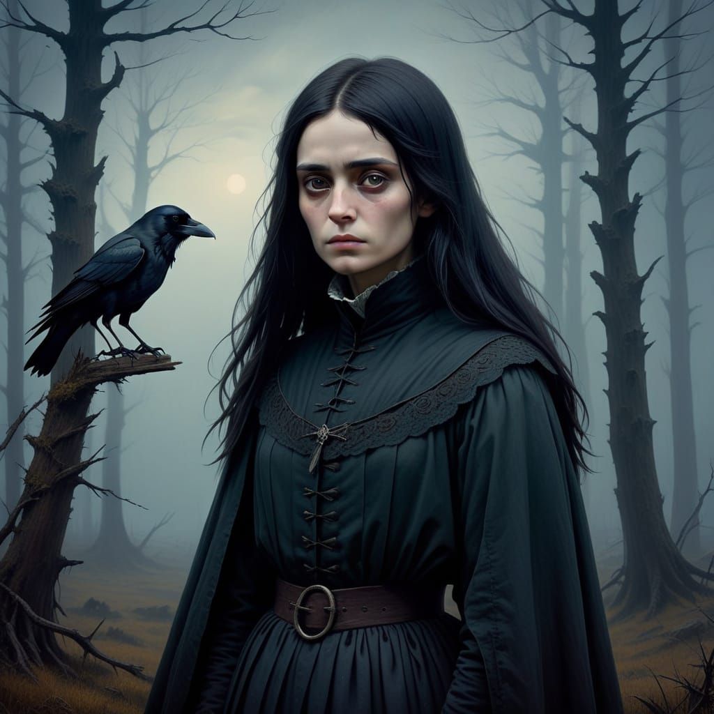 Gothic Portrait of Mysterious Raven-Haired Woman in Dark Pal...