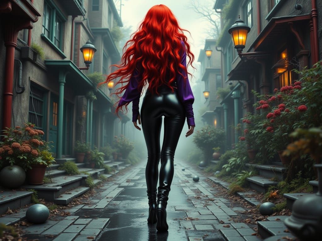 Gothic Woman in Latex: Surreal Darkcore Street Scene