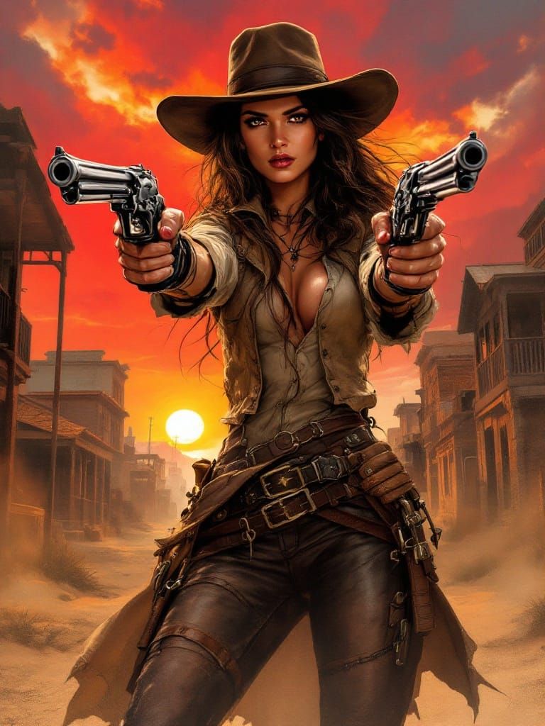 Fierce Female Gunslinger Stands Tall in Sunset Tombstone All...