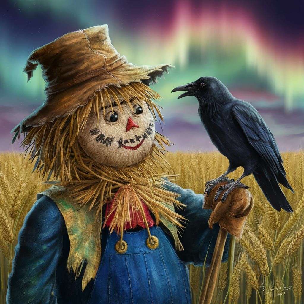 Scarecrow and Crow Chat Under Aurora Sky