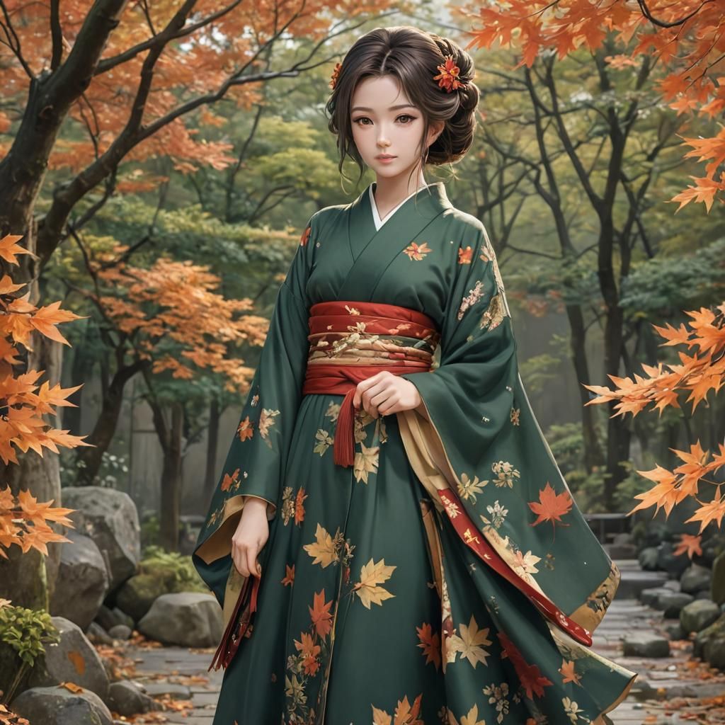 Japanese Princess in Autumn Kimono: Anime Style