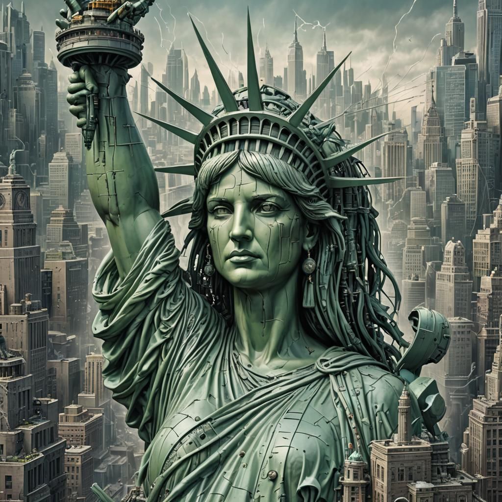 Matrix machine city styled statue of liberty.