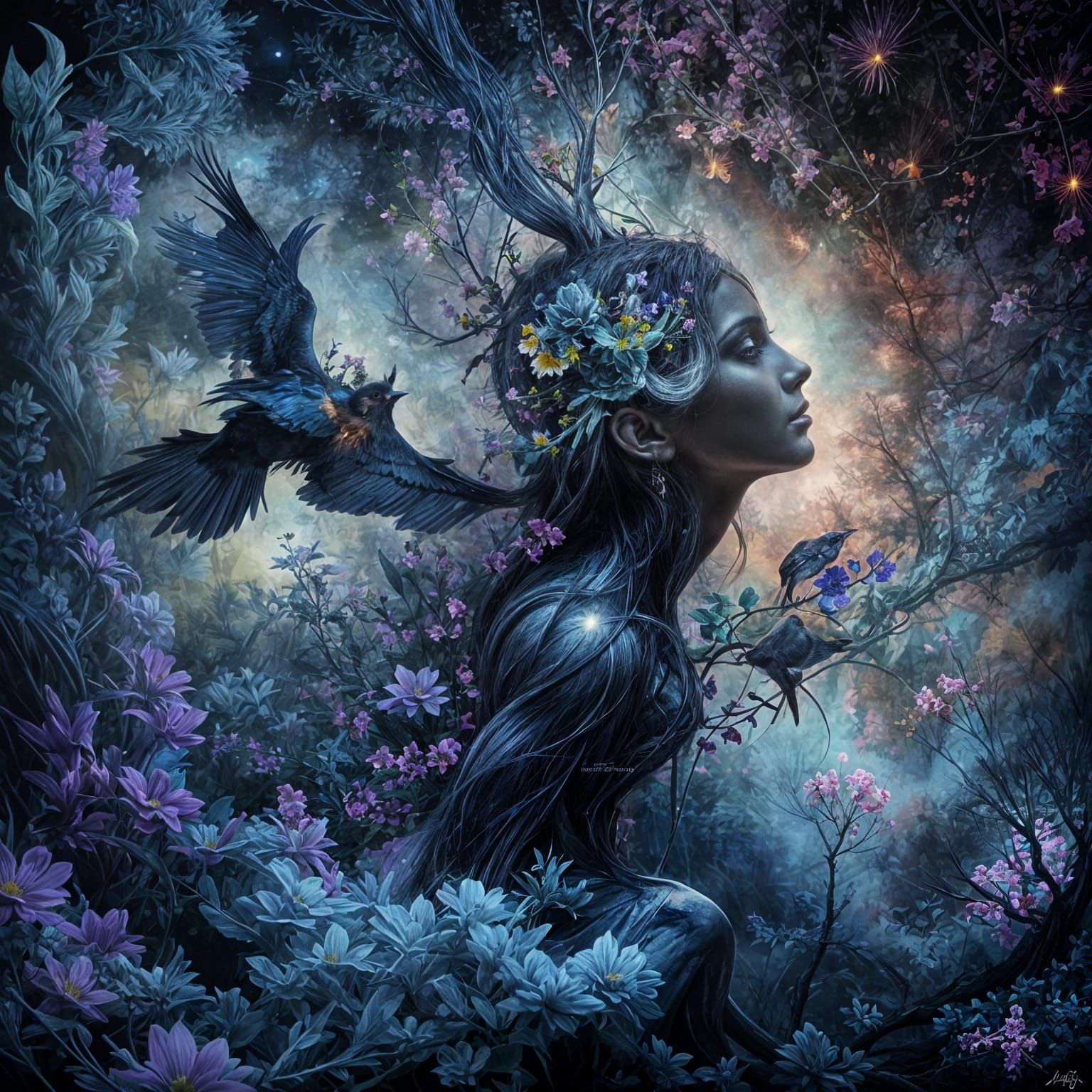 Mysterious Woman Amidst Smoky Blooms in a Dreamy Gothic Land...