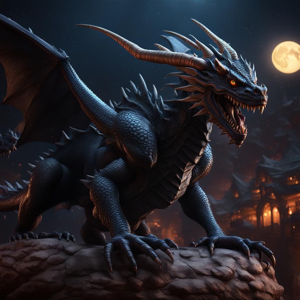 Intricate Black Dragon in Goblin Academia Style