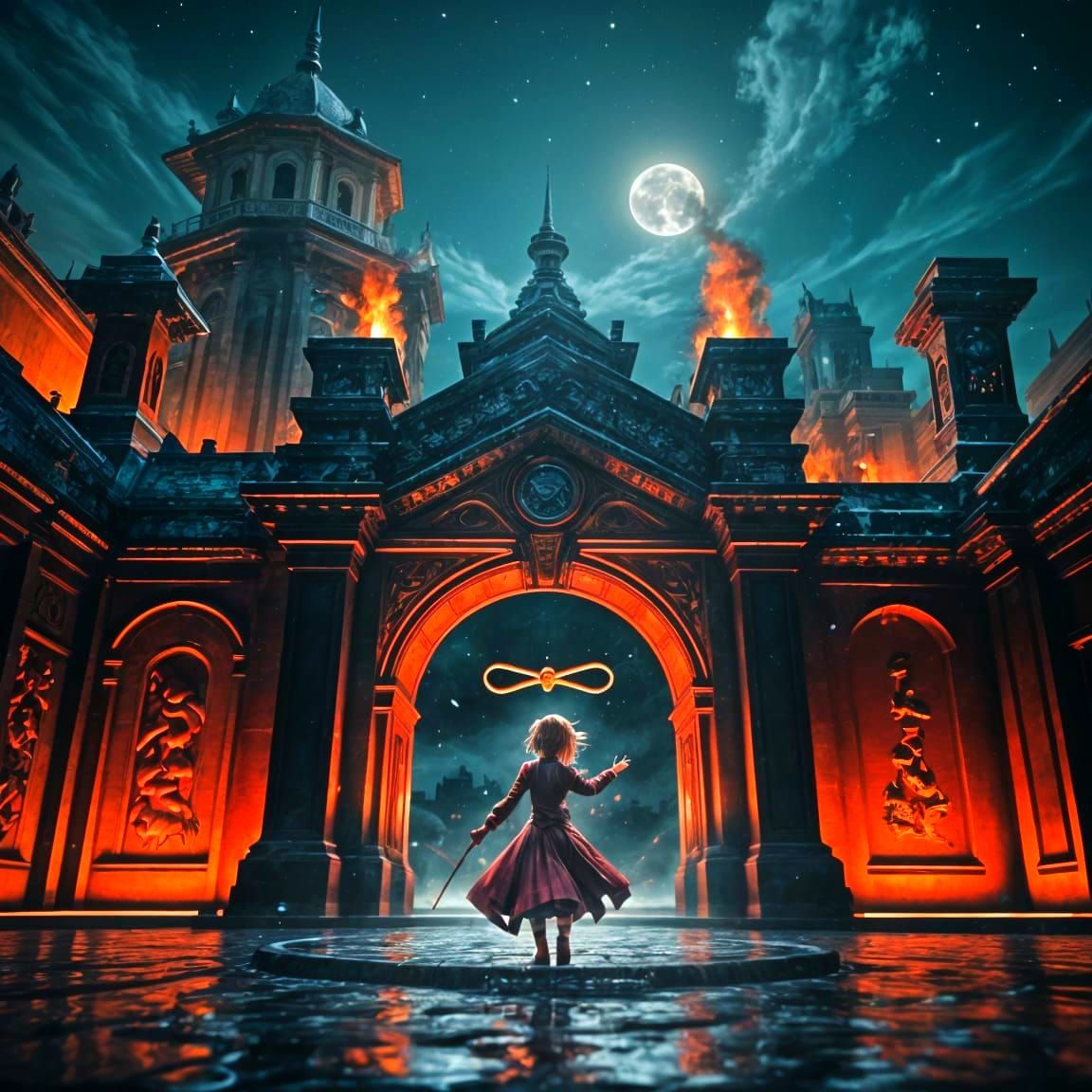 Girl Plays with Dragon at Moonlit Temple in Anime Style