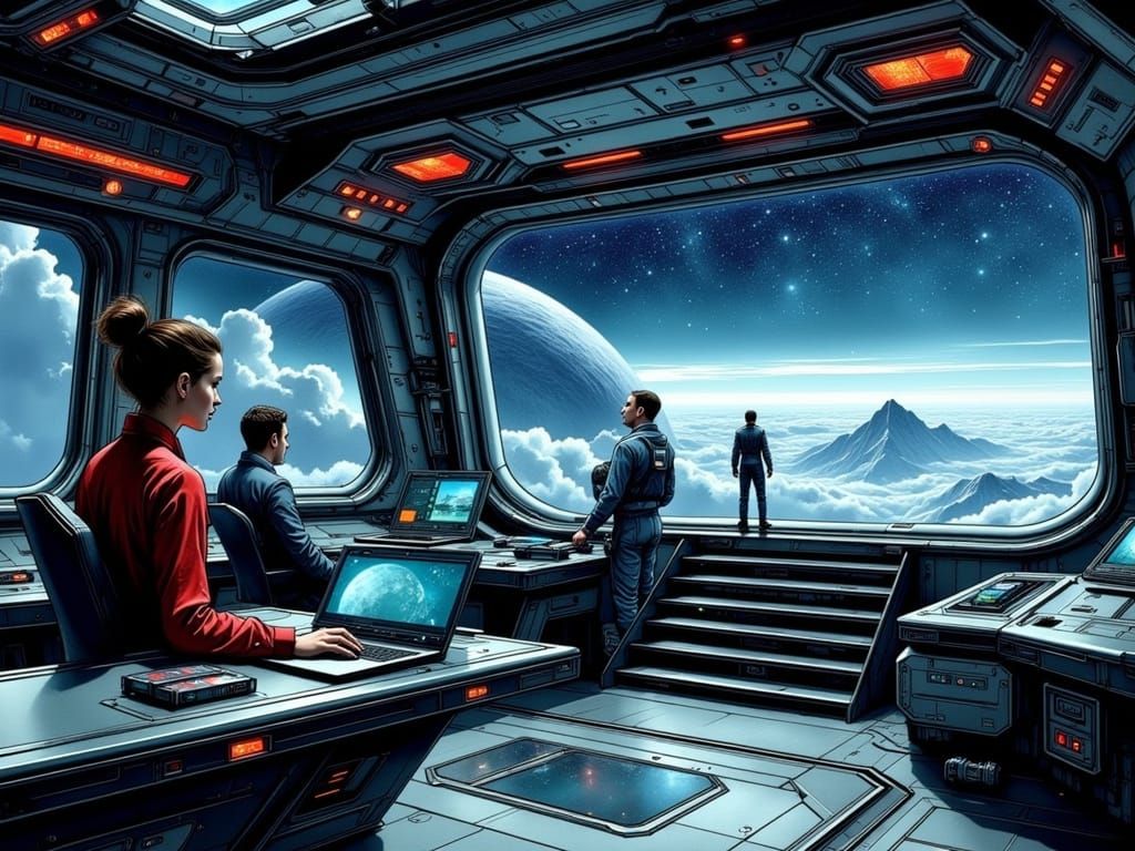 Lost in Cosmic Expanse: Futuristic Starship Bridge Crew