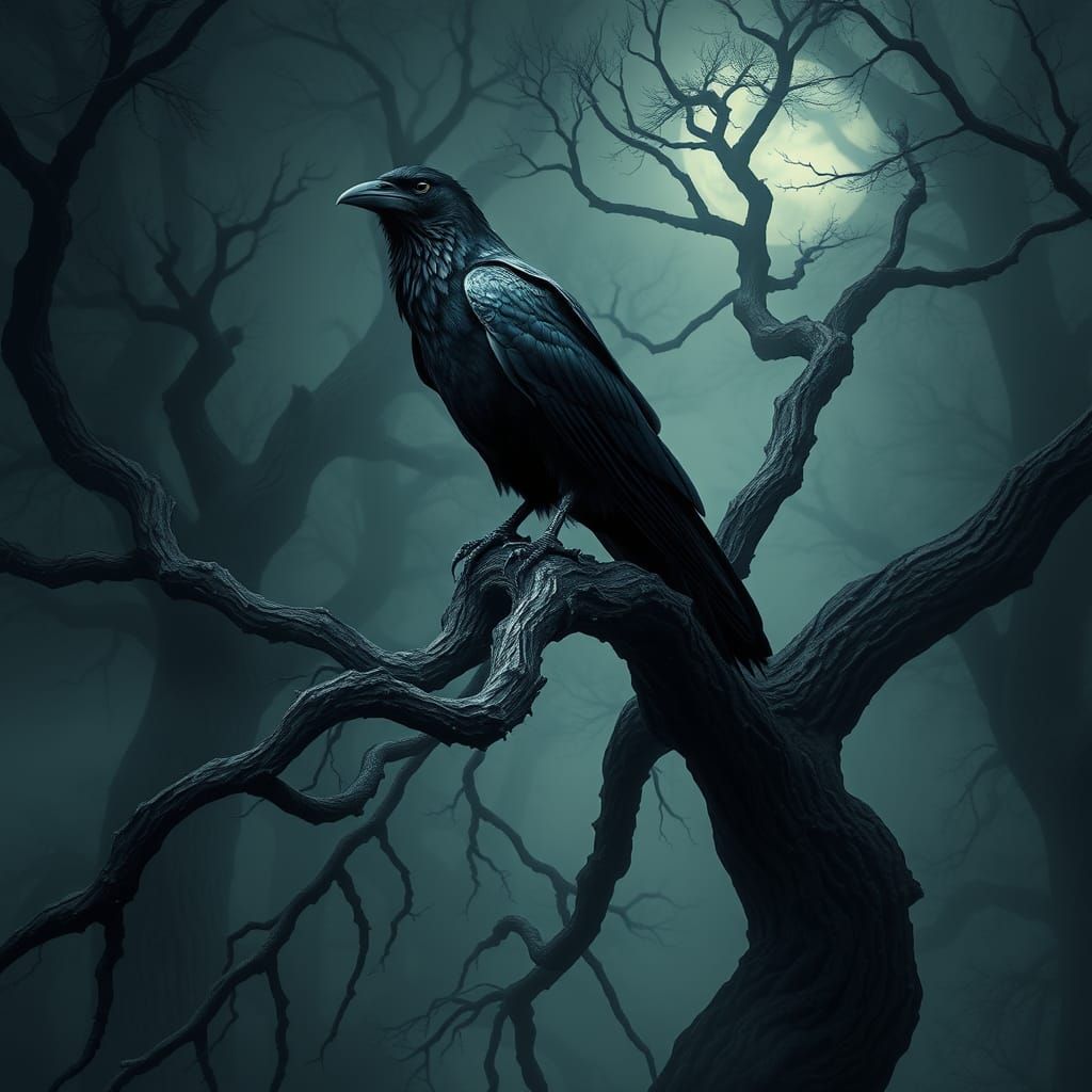 Majestic Crow Perched on Ancient Tree in Dark Forest