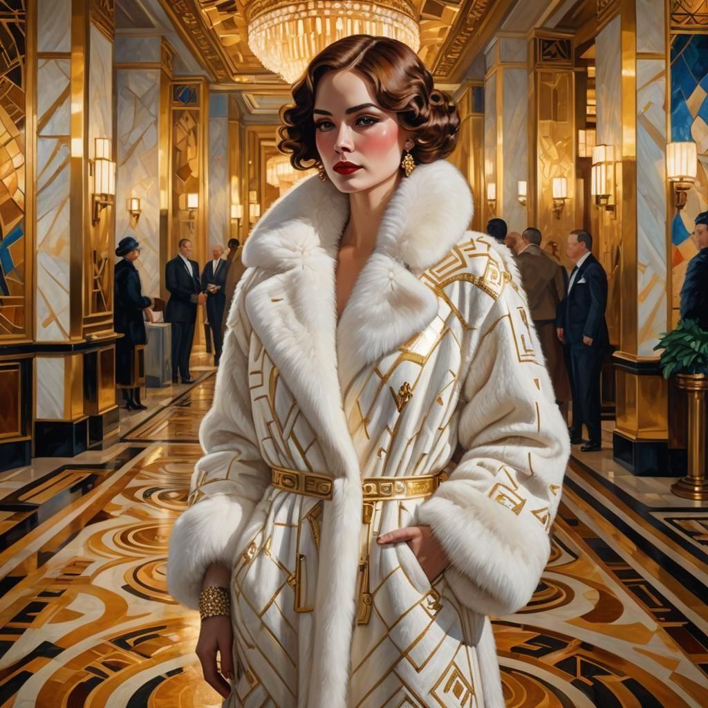 Elegant Woman in Fur Coat: 1920s Art Deco Style
