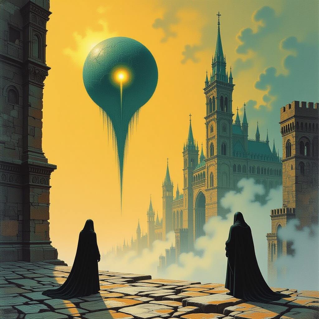 Eerie Robed Figures in a Dark Fantasy Landscape