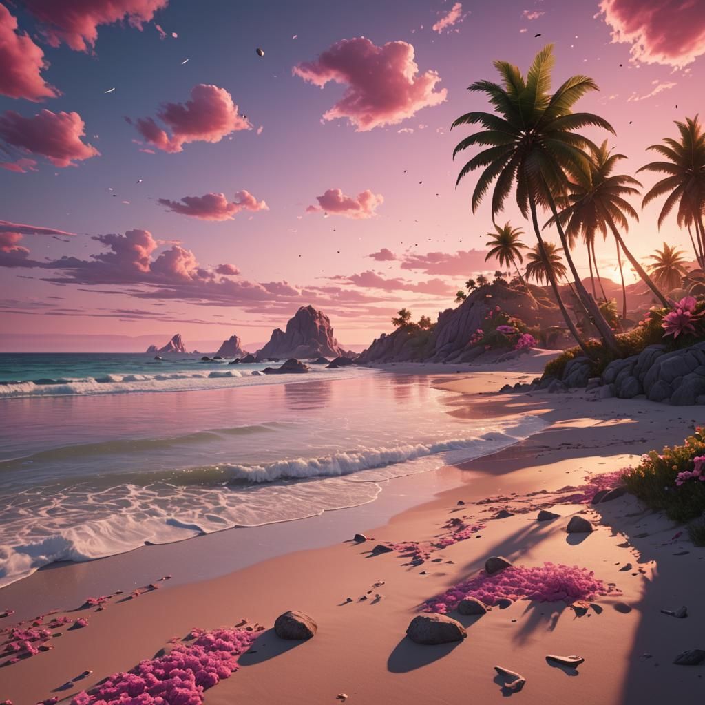 Whimsical Pink Sunset Beach Scenery
