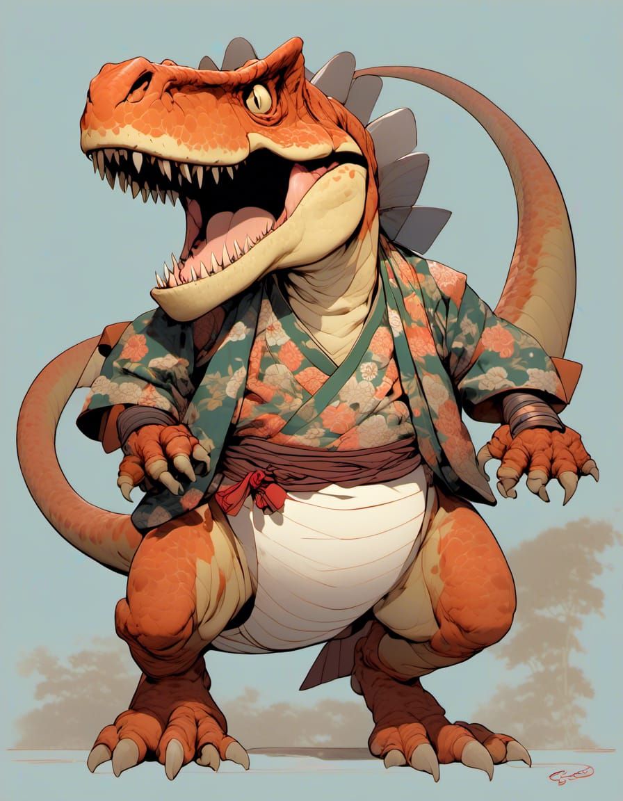 Samurai Cyborg T-Rex in Hawaiian Shirt: Anime Art