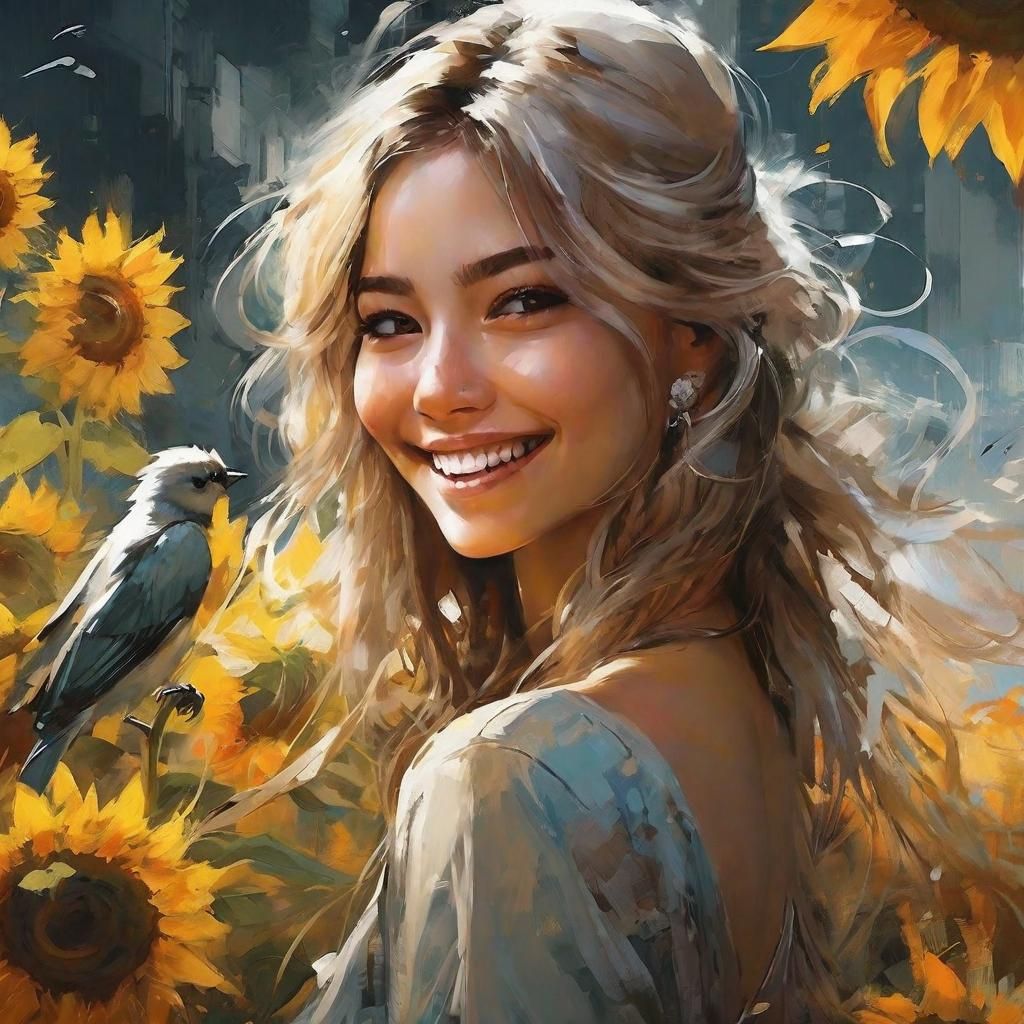 Anime Girl in Sunflower Field with Impressionistic Style