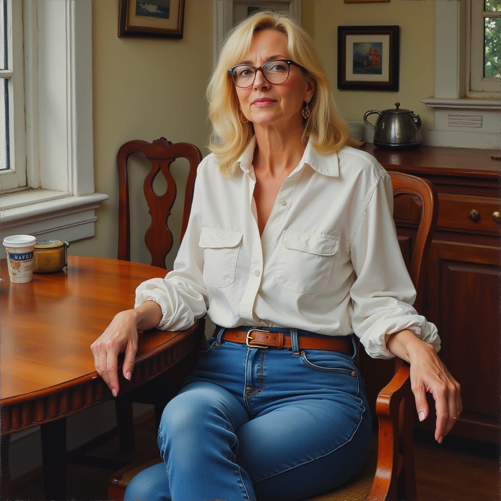 Blonde Woman in Jeans on Wooden Chair