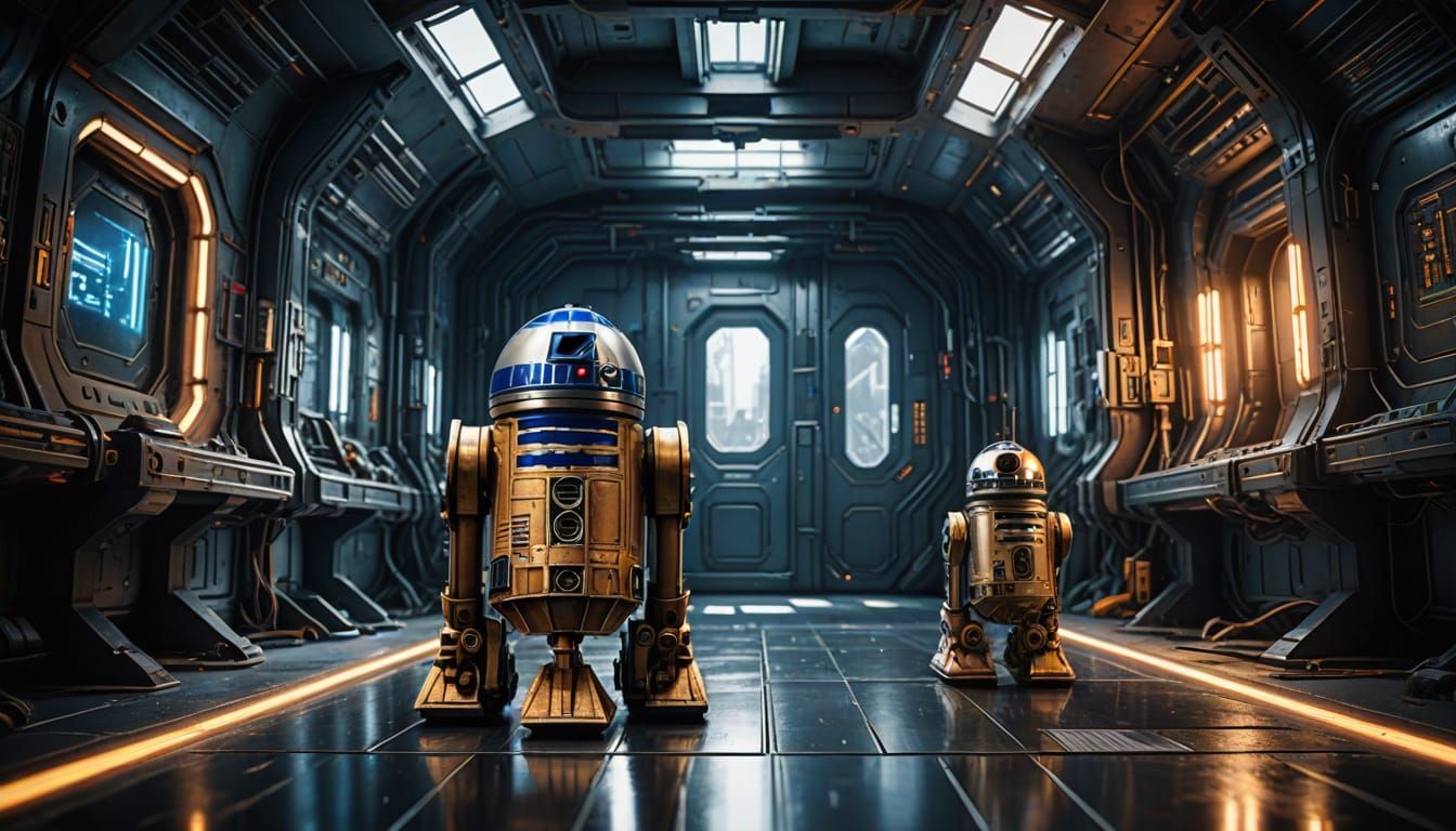 Hyper-Realistic 3D Render of R2D2 and C3PO on a Spaceship Fl...