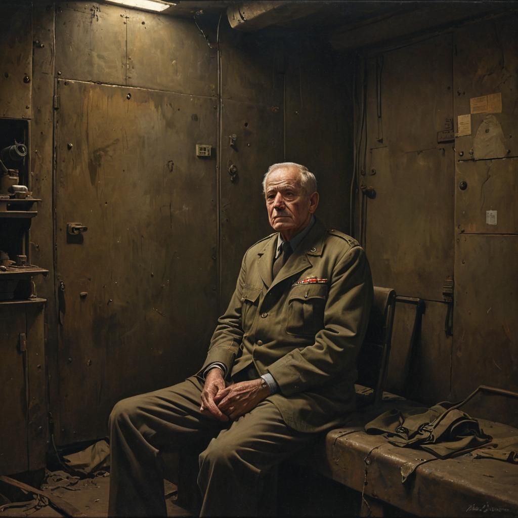 Forlorn Man in Bunker: James Gurney Style Oil Painting