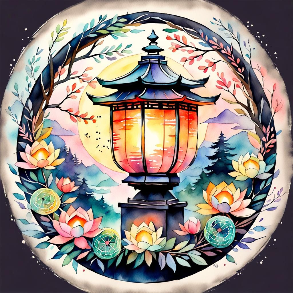 Stylized Asian Lantern Watercolor in Impressionist Style