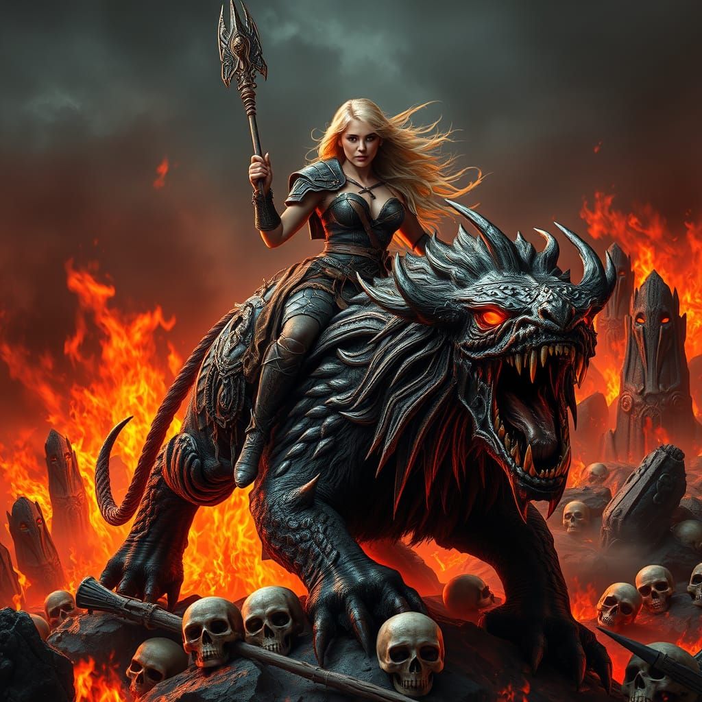 A blonde warrior woman, astride a hellish beast, dominates a...