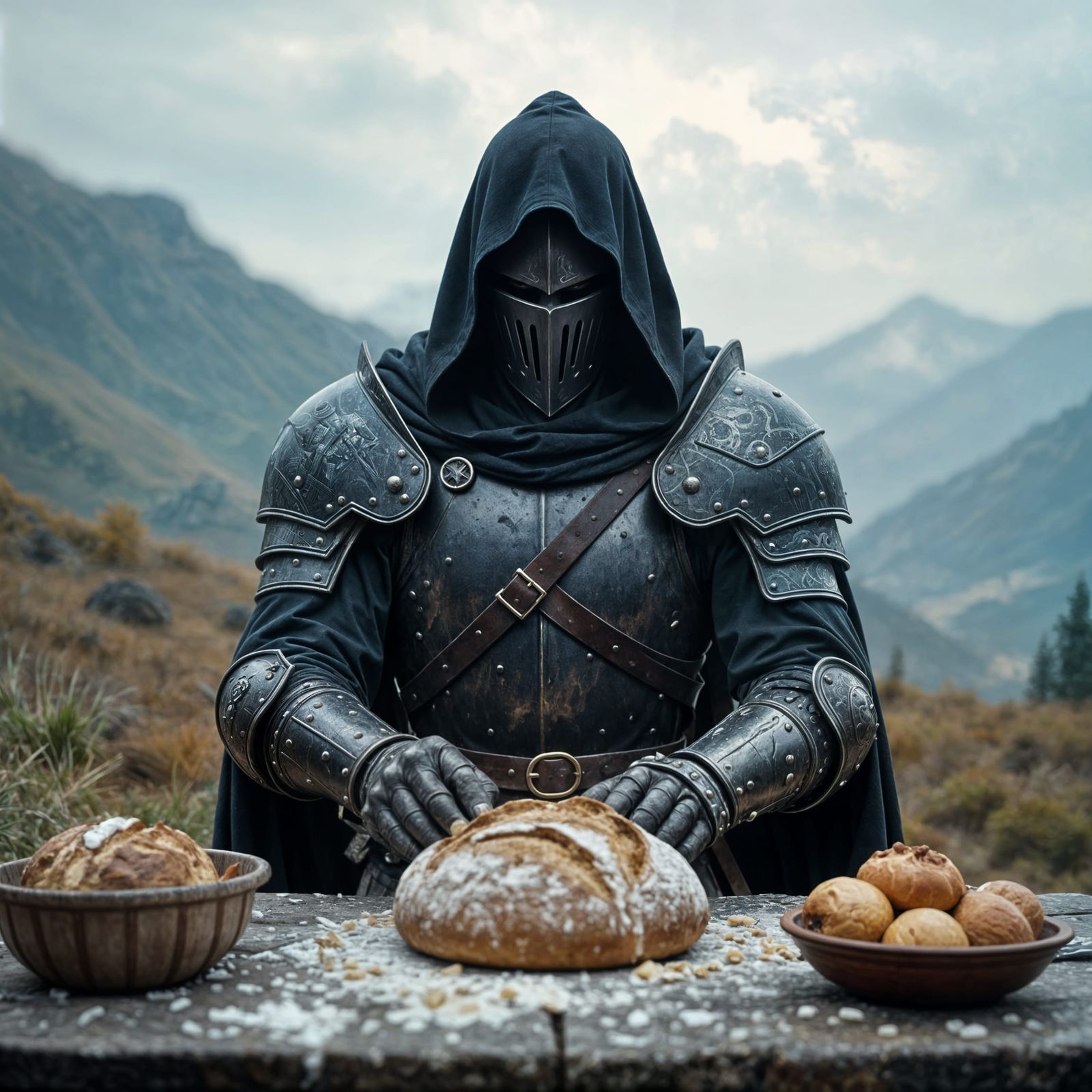 Epic Hooded Knight Baking Bread in High Fantasy Style