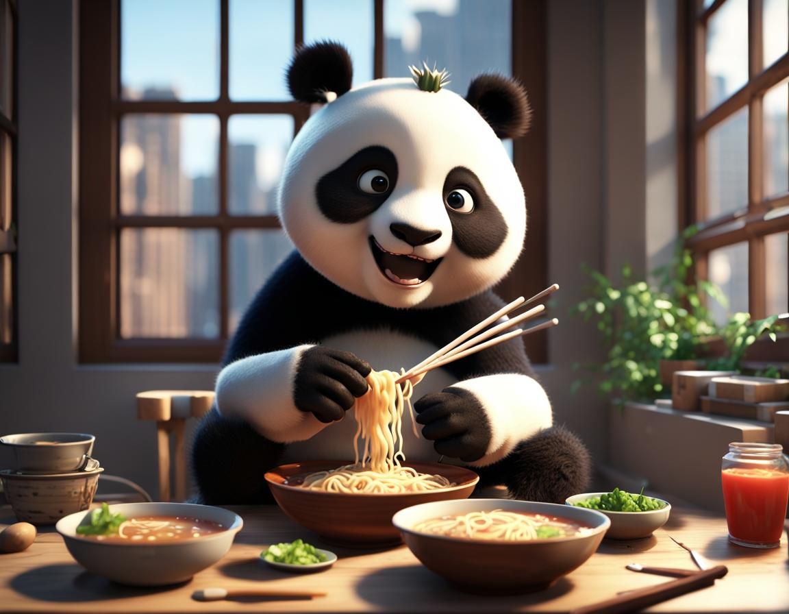 Adorable Panda Enjoys Ramen in Busy City, Pixar Style