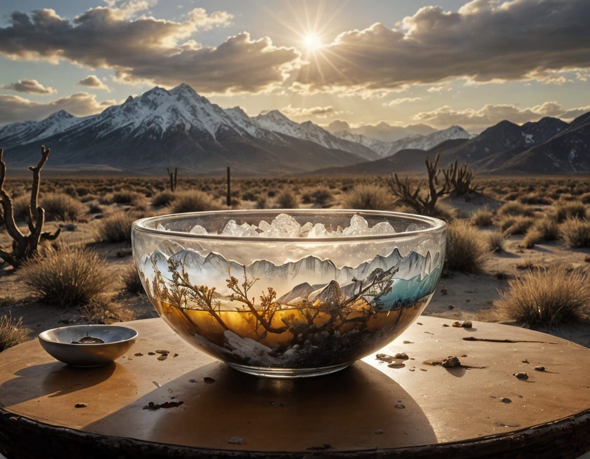 Mountain Landscape in a Glass Bowl, Photorealistic Style