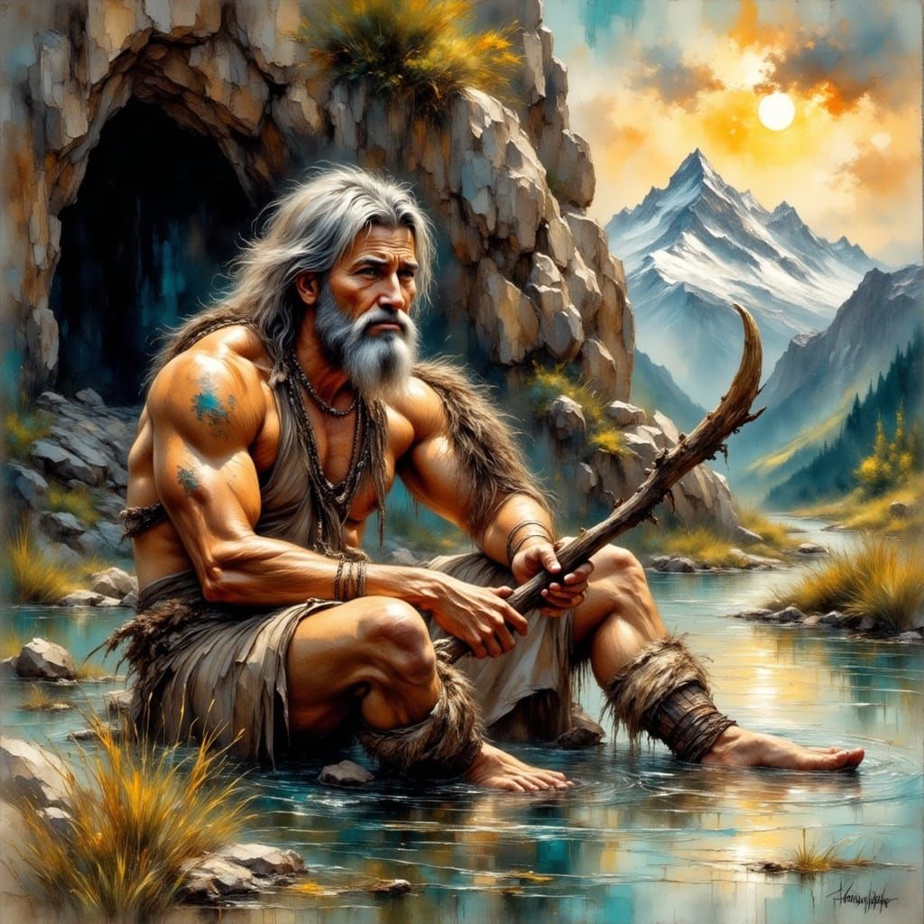 Caveman Rides Mammoth in Impressionist Style