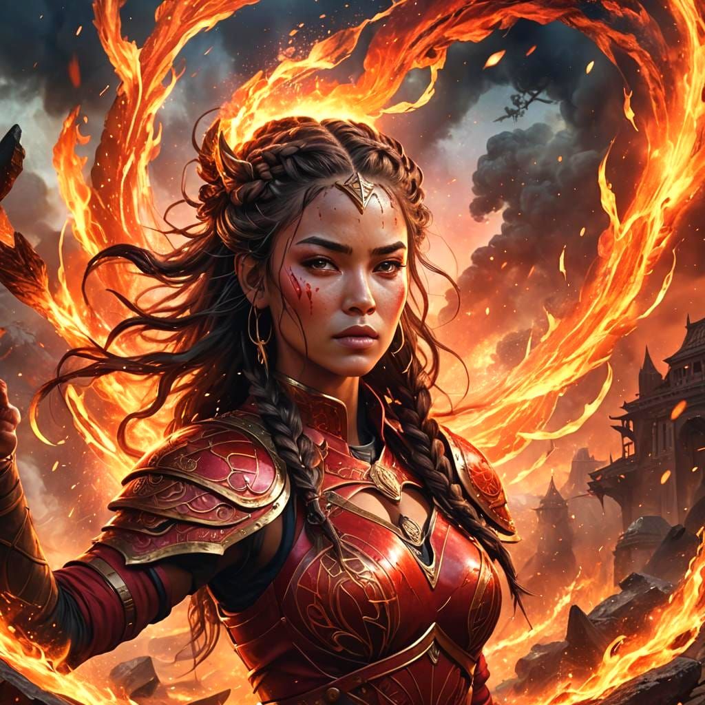 Fiery Warrior Woman in Red Storm, Digital Art