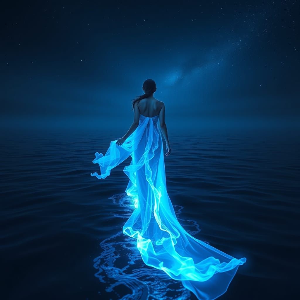 Woman in Blue Flame Dress Walks on Water