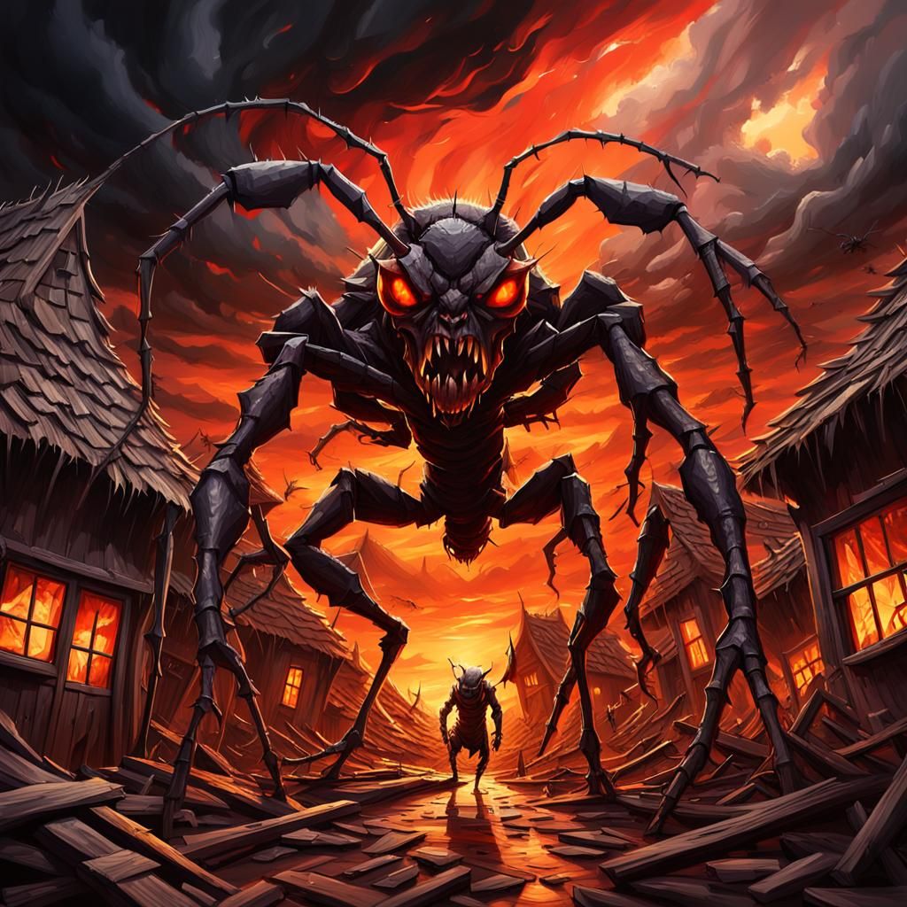 Giant Demon Ant Destroys Village: Dark Fantasy Art