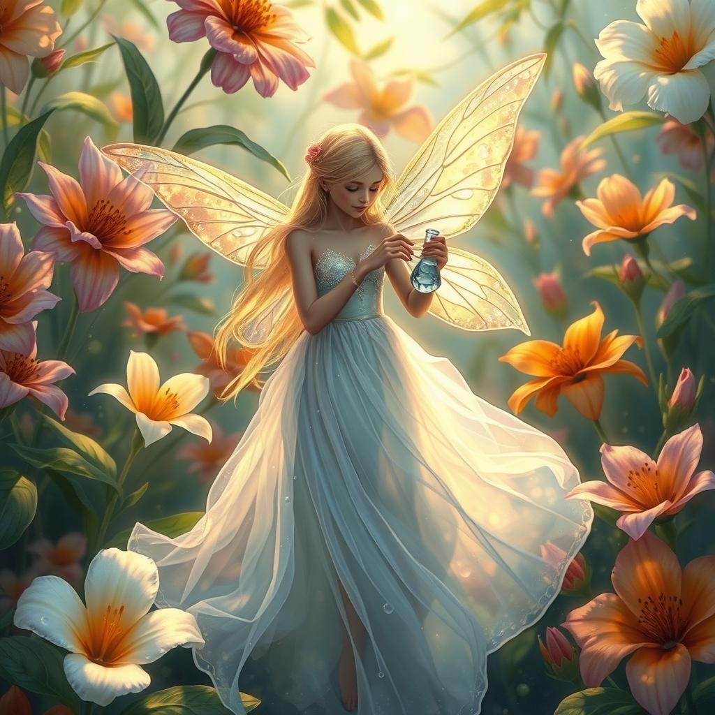 Gossamer Fairy Collecting Dewdrops at Dawn