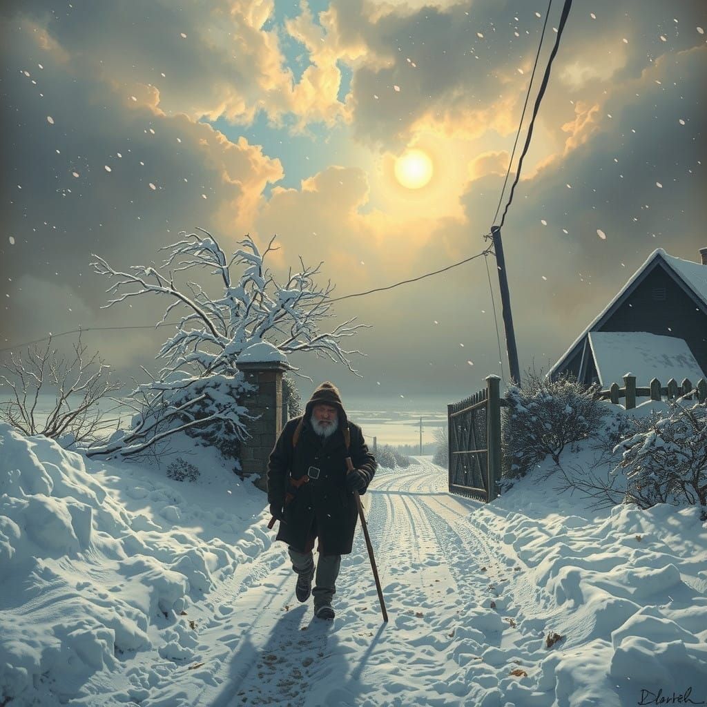 Surreal Winter Landscape with Old Man Trudging Through Snow