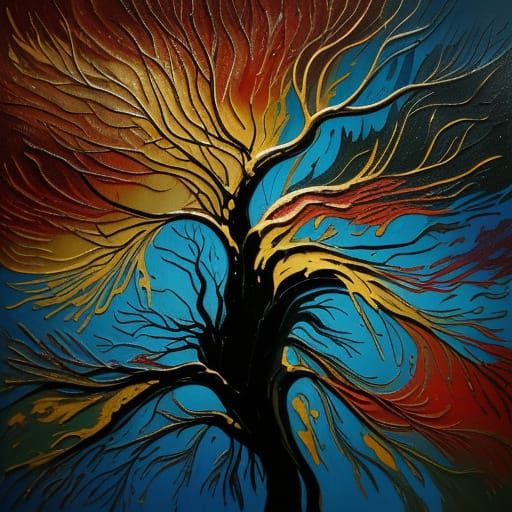 Surrealist Pine Tree Melts in a Dreamlike, Swirling Landscap...