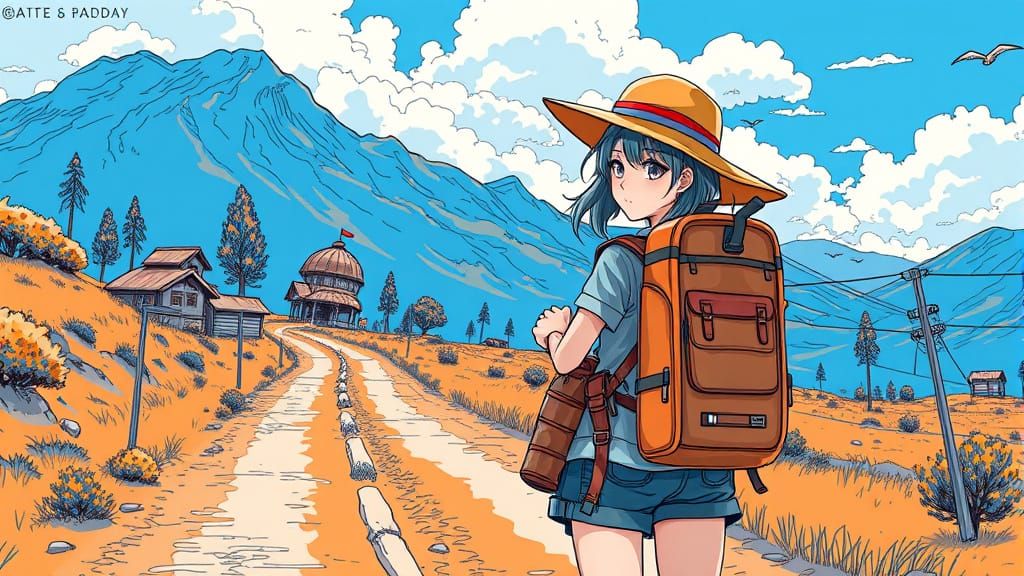 Adventurer Girl on Rural Road in Anime Doodle Style