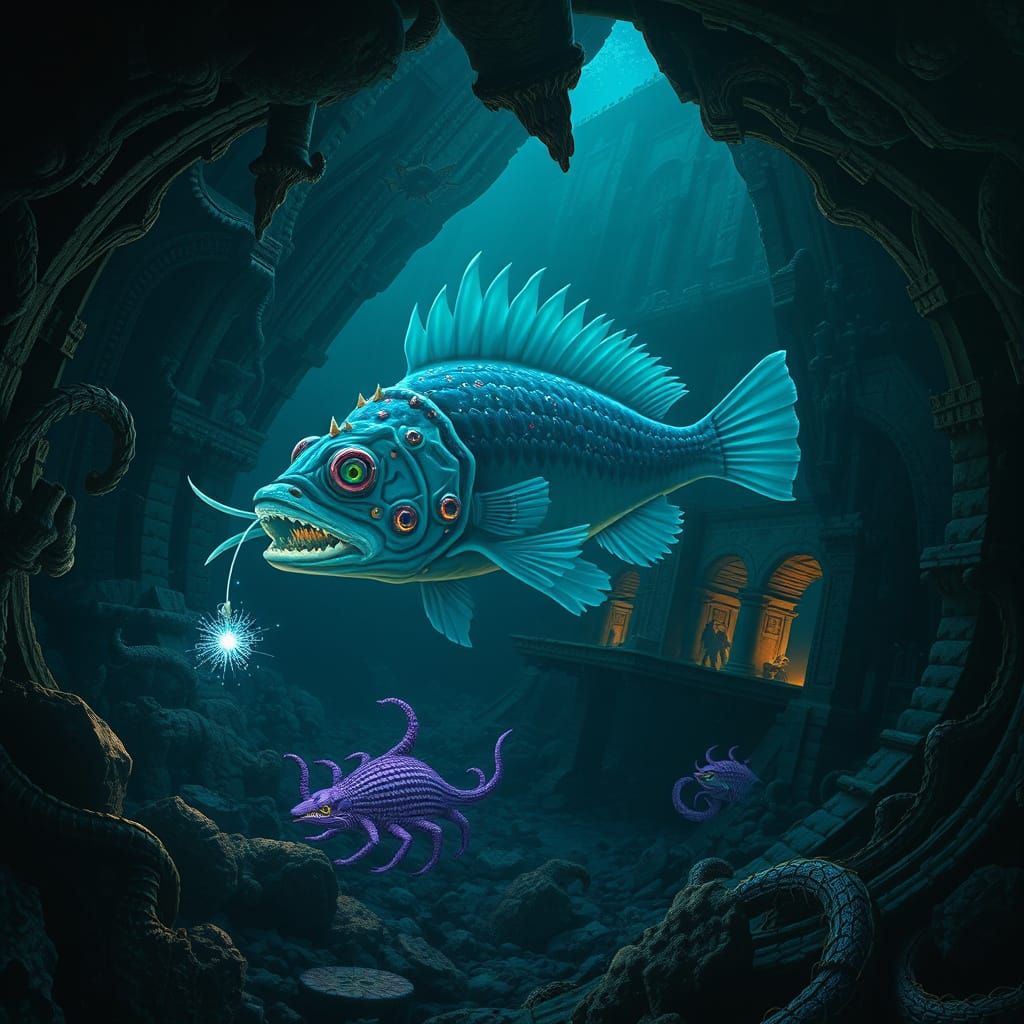 Bioluminescent Anglerfish in Alien Ocean, Hyperrealistic Pai...