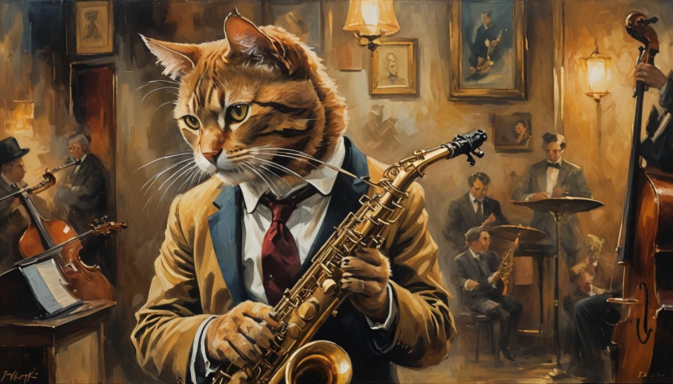 Cat Saxophonist in Dimly Lit Jazz Club