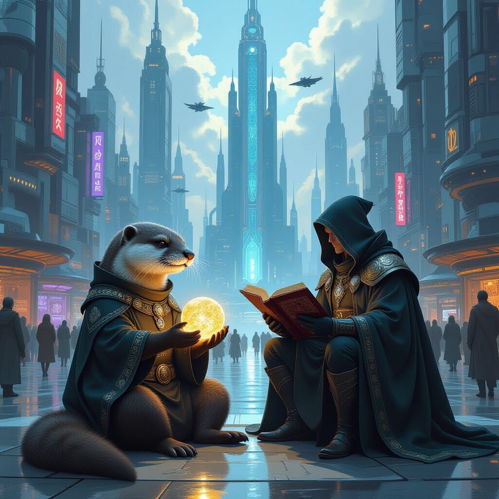 Wise Otter & Warlock in Futuristic City Square