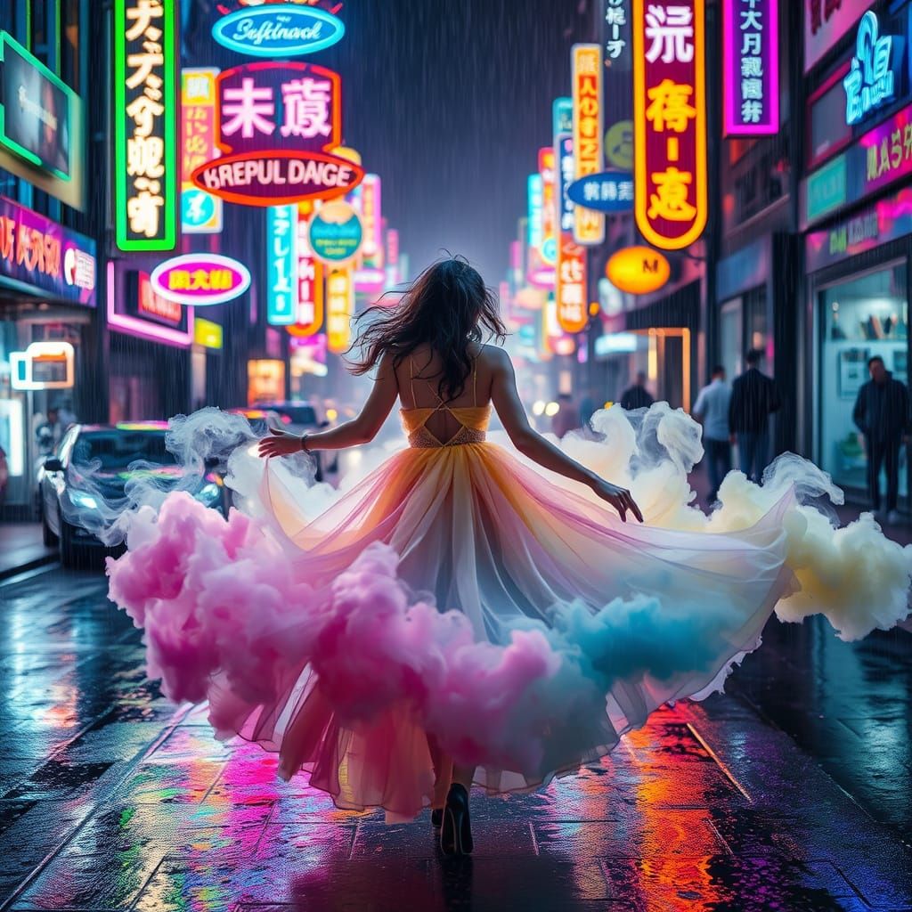 Woman Dances in Neon Rain