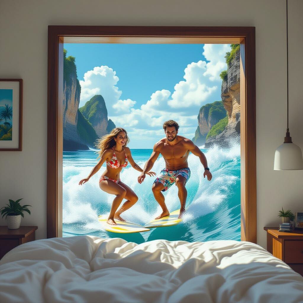 Surreal Surfing Couple Escaping a Photo Frame