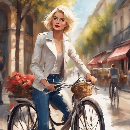 Pretty French Girl on Bicycle in Paris